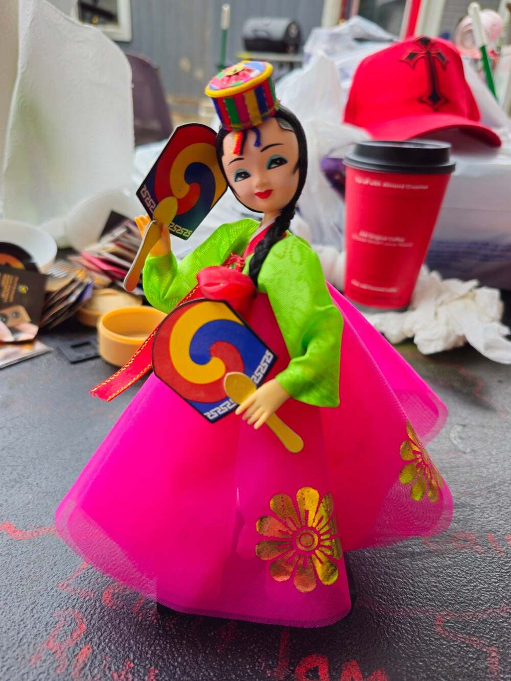 Vintage Korean Traditional Hanbok Doll With Fans